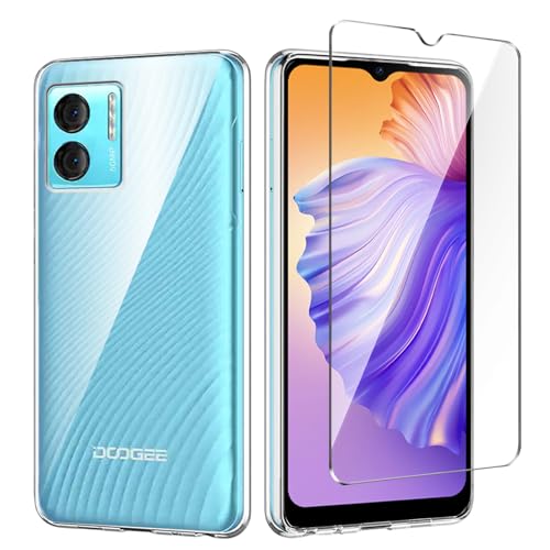 Qlfemna Transparent Hülle für Doogee N50 (6.52") mit 1 Stück Panzerglas Schutzfolie, Weiche Silikon Durchsichtig Handyhülle, Anti-Gelb Kratzfest Stoßfest Schutzhülle TPU Case Cover von Qlfemna