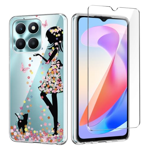 Qlfemna Transparent Hülle für Honor X6a (6.56") mit 1 Stück Panzerglas Schutzfolie, Weiche Silikon Durchsichtig Handyhülle, Anti-Gelb Kratzfest Stoßfest Schutzhülle TPU Case Cover - WM49 von Qlfemna