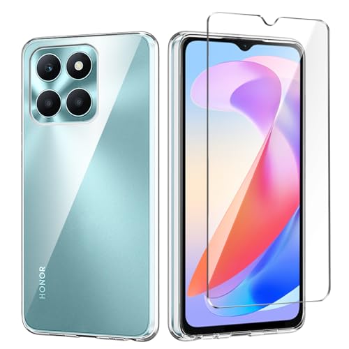 Qlfemna Transparent Hülle für Honor X6a (6.56") mit 1 Stück Panzerglas Schutzfolie, Weiche Silikon Durchsichtig Handyhülle, Anti-Gelb Kratzfest Stoßfest Schutzhülle TPU Case Cover von Qlfemna