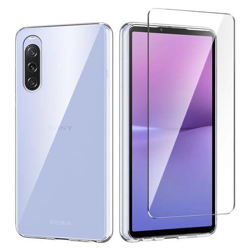 Qlfemna Transparent Hülle für Sony Xperia 10 V (6.10") mit 1 Stück Panzerglas Schutzfolie, Weiche Silikon Durchsichtig Handyhülle, Anti-Gelb Kratzfest Stoßfest Schutzhülle TPU Case Cover von Qlfemna