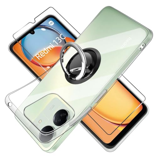 Qlfemna Transparent Hülle für Xiaomi Redmi 13C 4G/Poco C65 Cover mit 360°Drehbarer Ständer und Panzerglas Displayschutzfolie gehärtetem Glas, Clear Silikon weich Schutzhülle TPU handyhülle case von Qlfemna