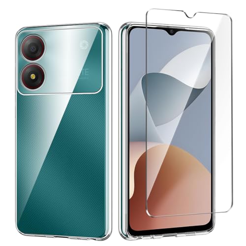 Qlfemna Transparent Hülle für ZTE Blade A34 (6.60") mit 1 Stück Panzerglas Schutzfolie, Weiche Silikon Durchsichtig Handyhülle, Anti-Gelb Kratzfest Stoßfest Schutzhülle TPU Case Cover von Qlfemna