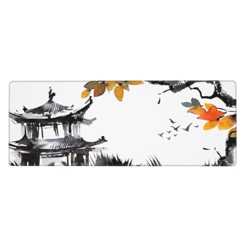 Großes Gaming-Mauspad mit genähten Kanten, wasserfeste japanische Wellen-Tastaturmatte, großes langes Schreibtisch-Mauspad für Laptop, Computer für Herren, Büro, 80 x 30 cm (Pagode und Herbstbaum) Großes Gaming-Mauspad mit genähten Kanten, wasserfeste japanische Wellen-Tastaturmatte, großes langes Schreibtisch-Mauspad für Laptop, Computer für Herren, Büro, 80 x 30 cm (Pagode und Herbstbaum) von Qlvexkah