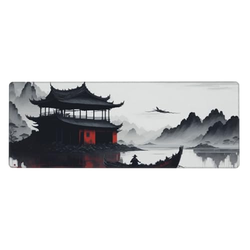Großes Gaming-Mauspad mit genähten Kanten, wasserfeste japanische Wellen-Tastaturmatte, großes langes Schreibtisch-Mauspad für Laptop, Computer für Herren, Büro, 80 x 30 cm (japanische Berge) von Qlvexkah