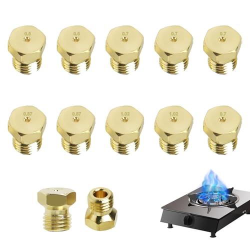 10 Stück LPG Propangasbrenner für Gasstrahl, Gasdüsen Einspritzdüsen, Umrüstkit für Gasherde und Backöfen, Verschiedene Größen (0,50/0,7/0,87/1,02 mm), M6 x 0,75 Gewinde, Langlebig Korrosionsbeständig von Qneneam