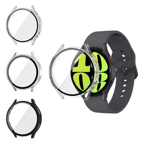 3 Stück Hülle mit Schutzfolie für Samsung Galaxy Watch 7 44mm, Gesamt Schutzhülle, Gehärtetes Glas Displayschutzfolie, Perfekte Passform, Schutzhülle für Watch, Transparente Hülle Schwarz Silber von Qneneam