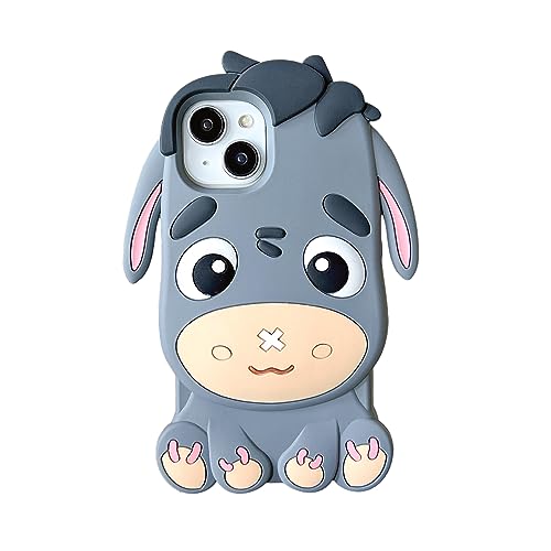 QoKcoahn Fall für iPhone 14, Nette 3D Kawaii Telefon Cases Lustige Grauer Esel Cartoon Abdeckung mit Schlüsselbund Weiche Silikon Gel Drop Protection für iPhone 14 von QoKcoahn