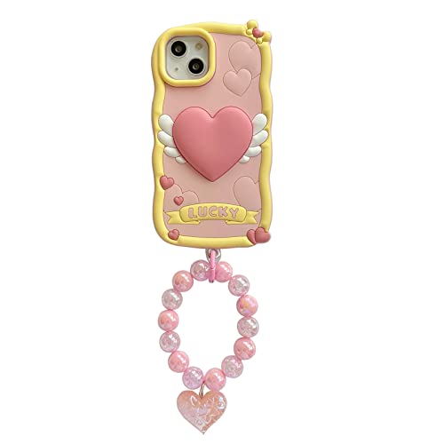 QoKcoahn Schutzhülle für iPhone 13 Pro Max, niedliche 3D-Kawaii-Handyhüllen, lustige Liebesflügel, Cartoon-Abdeckung mit Handschlaufe, rosa weiches Silikongel, Fallschutz, Frauen und Mädchen für von QoKcoahn