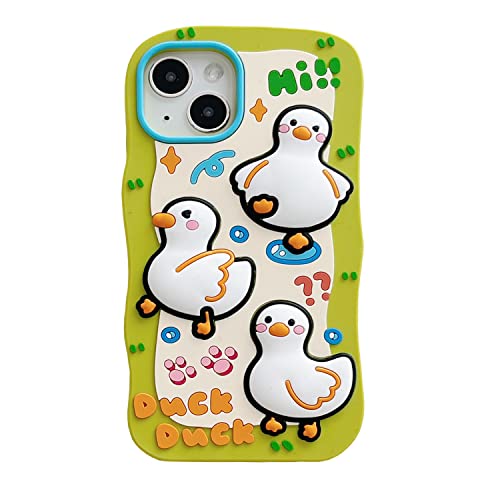 QoKcoahn Schutzhülle für iPhone 13 Pro Max, niedliche 3D-Kawaii-Handyhüllen lustige drei glückliche Enten Cartoon-Hülle, grün weiches Silikongel Fallschutz für Frauen und Mädchen für iPhone 13 Pro Max von QoKcoahn