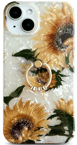 Qokey Kompatibel mit iPhone 13 Hülle, transparent, süßes Blumen-Cover für Frauen und Mädchen, mit 360 Grad drehbarem Ring, stoßfest, Handyhülle entworfen für iPhone 13 15.5 cm (6.1 Zoll) Sonnenblume von Qokey