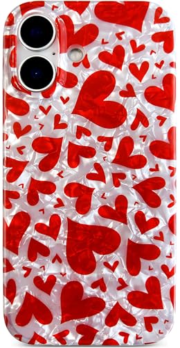 Qokey Kompatibel mit iPhone 16 Hülle 6,1 Zoll, romantisches rotes Herz-Doodle Design, stoßfest, weiches TPU-Stoßfänger, schmale Passform, nicht vergilbend, Glitzer-Handyhülle, Hot Red Love von Qokey