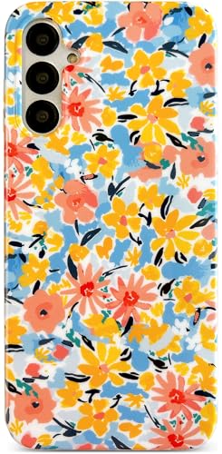 Qokey Schutzhülle für Galaxy A54 5G 16,3 cm (6,4 Zoll), niedliches Gartenblumen-Design, glänzendes Design für Damen, weich, stoßfest, leicht, schmale Passform, vergilbungsfrei, rotgelbes Blumenmuster von Qokey