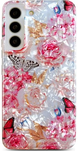 Qokey Schutzhülle für Galaxy S21 (6,2 Zoll) – Blumendesign, schlanke, stoßfeste Handyschale für Damen, weich, flexibel, leicht, vergilbt nicht (Rosen-Schmetterling) von Qokey