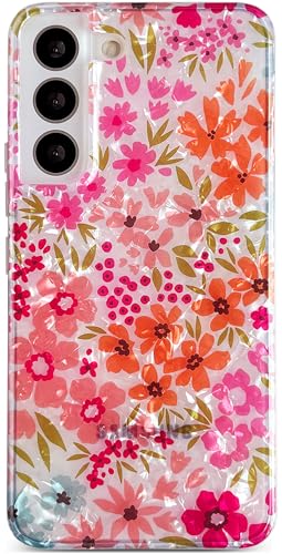 Qokey Schutzhülle für Galaxy S21-FE (nicht S21/21+) – glitzernder Blumendruck, kratzfest, klare Anti-Vergilbungsschale, stoßfester Schutz in Militärqualität, weiche und schlanke, leichte Hülle, rosa von Qokey