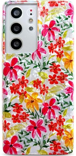 Qokey Schutzhülle für Galaxy S21 Ultra 5G, niedliches Blumenmuster, glitzernd, transparent, weiche Passform, TPU, 17,3 cm (6,8 Zoll), Orange / Rot von Qokey