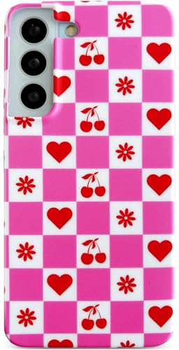 Qokey Schutzhülle für Galaxy S22 5G, 15,4 cm (6,1 Zoll), dünne TPU-Stoßstange, stoßfest, Kirsch-, Herz- und Blumen-Design, kratzfeste, matte Oberfläche und verstärkte Eckenschutz, rosafarbenes weißes von Qokey