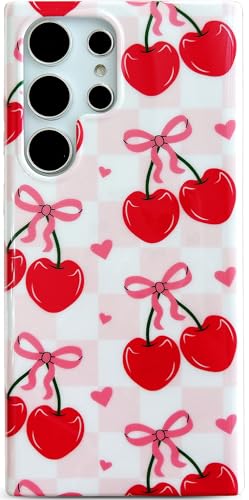 Qokey Schutzhülle für Galaxy S22 Ultra 5G 17,3 cm (6,8 Zoll), schmal, stoßfest, TPU, rosa Karomuster mit Kirschfrucht und Schleifen-Design, weich, flexibel, leicht, Schutzhülle – Liebeskirschen von Qokey