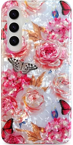 Qokey Schutzhülle für Galaxy S23 Plus (16,8 cm / 6,6 Zoll) – Blumendesign, schlanke, stoßfeste Handyschale für Damen, weich, flexibel, leicht, vergilbungsfrei (Rosen-Schmetterling) von Qokey