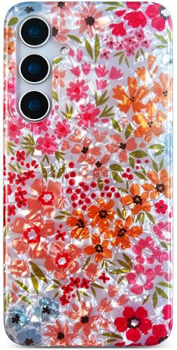 Qokey Schutzhülle für Galaxy S25, 15,7 cm (6,2 Zoll), glitzernd, florales Design, kratzfest, klare Anti-Vergilbung, stoßfest, militärischer Schutz, weiche und schlanke, leichte Abdeckung, rosa Blume von Qokey