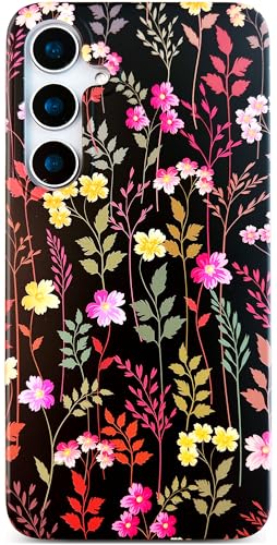 Qokey Schutzhülle für Galaxy S25 15,7 cm (6,2 Zoll) – niedliche Rattan-Blumen-Schutzhülle für Mädchen und Frauen, mattes Muster, weich, stoßfest, TPU, kratzfest, Schwarz gemischtes Blumenmuster von Qokey