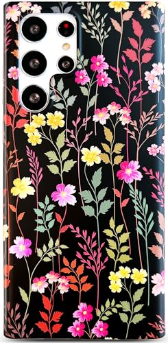 Qokey Schutzhülle für Galaxy S25 Ultra 17,5 cm (6,9 Zoll) – niedliche Rattan-Blumen-Schutzhülle für Mädchen und Frauen, mattes Muster, weich, stoßfest, TPU, kratzfest, Schwarz gemischtes Blumenmuster von Qokey