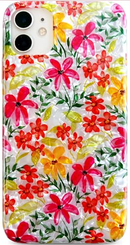 Qokey Schutzhülle für iPhone 11, 15,5 cm (6,1 Zoll), niedliche Blume, für Mädchen, Damen, Herren, Muschelmuster, funkelnd, Kristall, durchscheinend, weiche Passform, stoßfest, orange-rotes von Qokey