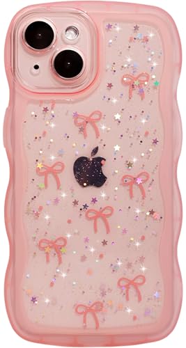 Qokey Schutzhülle für iPhone 14, 15,5 cm (6,1 Zoll), gewelltes Design, transparent, glitzernd, Stern, glänzend, niedlich, transparent, vollständiger Schutz, weiches TPU, stoßfest, holografische rosa von Qokey