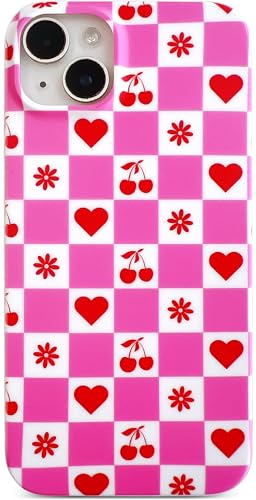 Qokey Schutzhülle für iPhone 14 Plus/15 Plus, matt, weich, mit Herz, Blumen, Kirsche, karierte Elemente, leicht, schmal, stoßfest, roseweiß, Schachbrett, ästhetisch Qokey Schutzhülle für iPhone 14 Plus/15 Plus, matt, weich, mit Herz, Blumen, Kirsche, karierte Elemente, leicht, schmal, stoßfest, roseweiß, Schachbrett, ästhetisch von Qokey