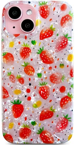 Qokey Schutzhülle für iPhone 15, 15,5 cm (6,1 Zoll), frisches Frühlingserdbeeren-Design, weiche Stoßstange, leicht, schlankes Design, stoßfeste TPU-Handyhülle, rosa Erdbeere von Qokey