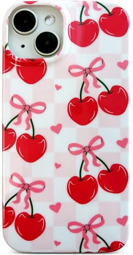 Qokey Schutzhülle für iPhone 15, 15,5 cm (6,1 Zoll), niedliches rosa Karomuster mit Kirschfrucht und Schleifen-Design, weicher, flexibler Bumper, leichte Schutzhülle, Liebeskirschen von Qokey