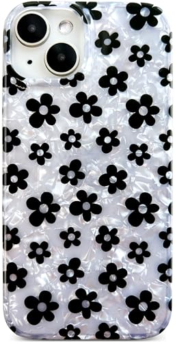 Qokey Schutzhülle für iPhone 15 (2023 6,1 Zoll), Vintage-Stil der 70er Jahre, Hippie-Blumen-Design auf funkelndem Muschelmuster, weiche, flexible Stoßstange, leichte Schutzhülle, schwarzes von Qokey