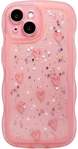 Qokey Schutzhülle für iPhone 15 Plus, 16,7 cm (6,7 Zoll), Glitzer-Herz und geschwungene Kanten, Griff-Design, militärische Qualität, stoßfest, transparent, glitzernd, kratzfest, rosa Stern und Liebe von Qokey