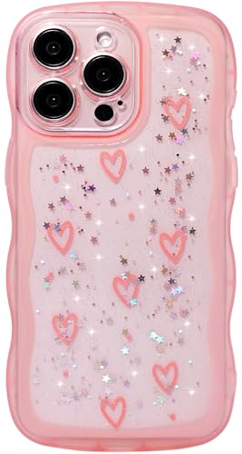 Qokey Schutzhülle für iPhone 15 Pro Max 17,5 cm (6,7 Zoll), glitzerndes Herz und gebogener Kante, Griff-Design, militärische Qualität, stoßfest, klare TPU-Hülle, funkelnder Schutz, kratzfest, rosa von Qokey