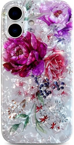 Qokey Schutzhülle für iPhone 16, 15,4 cm (6,1 Zoll) (2024), glitzerndes Blumenmuster, stoßfest, weicher TPU-Stoßfänger, vergilbungsfrei, schlanke Passform, Violett / Rot von Qokey