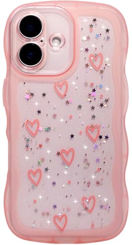 Qokey Schutzhülle für iPhone 16 Plus, 16,7 cm (6,7 Zoll), Glitzer-Herz und geschwungene Kanten, Griff-Design, militärische Qualität, stoßfest, transparent, glitzernd, kratzfest, rosa Stern und Liebe von Qokey
