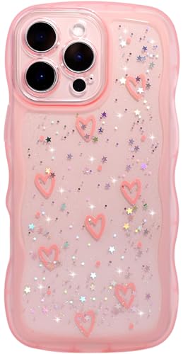 Qokey Schutzhülle für iPhone 16 Pro, 16,3 cm (6,3 Zoll), Glitzer-Herz und geschwungene Kanten, Griff-Design, militärische Qualität, stoßfest, klare TPU-Hülle, funkelnder Schutz, kratzfest, rosa Stern von Qokey