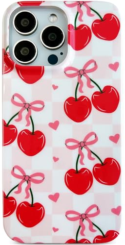 Qokey Schutzhülle für iPhone 16 Pro Max 17,5 cm (6,9 Zoll), niedliches rosa Karomuster mit Kirschfrucht und Schleifen-Design, weicher, flexibler Bumper, leichte Schutzhülle, Liebeskirschen von Qokey