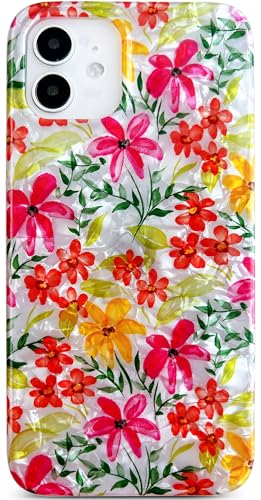 Qokey Schutzhülle mit Blumenmuster für iPhone 12 Mini 5,4 Zoll (13,7 cm), glitzernde Mädchen-Blumen-Schutzhülle für Damen, weich, glänzend, leicht, stoßfest, orange-rote Blume von Qokey