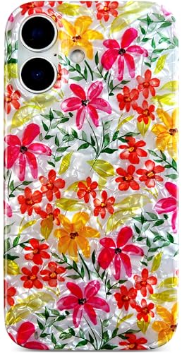 Qokey Schutzhülle mit Blumenmuster für iPhone 16, 15,5 cm (6,1 Zoll), glitzernde Mädchen-Blumen, weich, glänzend, leicht, stoßfest, orange-rote Blume von Qokey