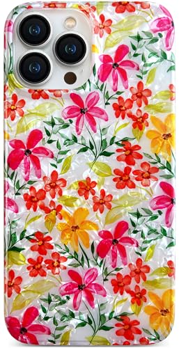 Qokey Schutzhülle mit Blumenmuster für iPhone 16 Pro Max 17,5 cm (6,9 Zoll), glitzernde Mädchen-Blumen, weiche glänzende Stoßstange, leicht, stoßfest, orange-rote Blume von Qokey