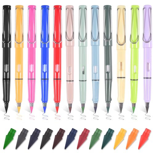 Qooloo Metall Tintenlose Bleistifte, 12 Stück Bunte Ewige Bleistifte mit 12 Bunte Ersatzköpfe, Bleistifte mit Radiergummi, Kein Tintenstift, Unendlicher Bleistift, Everlasting Pencil, Metal Pencil von Qooloo