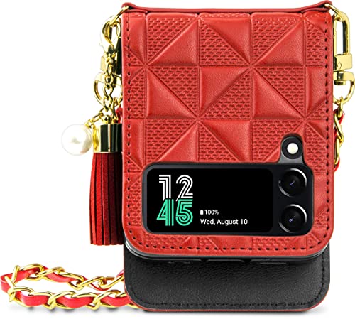 Qoosan Echtleder Hülle Entworfen für Samsung Galaxy Z Flip 4 5G (2022) Scharnierschutz Handyhülle mit Gurt Kartenhalter Brieftasche für Frauen, Rot von Qoosan