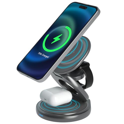 Qoosea 360°Rotating Wireless Ladegerät 3 In 1 Faltbare Wireless Ladestation Magnetische Reise Wireless Charger Kompatibel mit iPhone 15/14/13/12 Serie, für iWatch Serie, für AirPods 3/2/Pro von Qoosea