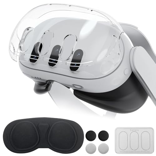 Qoosea 4 in 1 Schutzhülle für Meta Quest 3, VR Zubehör Hülle Kompatibel mit Meta Quest 3, PC Schutzschale Schutz mit 1 x Headset-Abdeckung, 3 x Kameraobjektiv aus Gehärtetem Glas 4 x Joystick-Kappen von Qoosea
