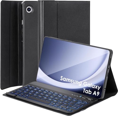 Qoosea Beleuchtete Tastatur Hülle für Samsung Galaxy Tab A9 8.7" 2023, Soft TPU Rückseite Gehäuse Klapp Schutzhülle, Magnetisch Bluetooth Abnehmbare Drahtlose QWERTZ Tastatur von Qoosea