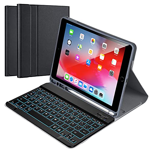 Schutzhülle mit spanischer Tastatur für iPad 10,2 Zoll, 9. Generation 2021/8th Gen 2020/7th Gen 2019/iPad Pro 10,5/iPad Air 3, dünne Schutzhülle aus PU-Leder mit 7 Farben mit Hintergrundbeleuchtung, von Qoosea