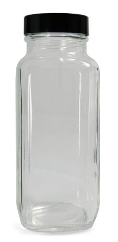 Qorpak GLC-01281 Französische quadratische Flasche aus klarem Glas mit 28-400 schwarzer Polypropylen-Kappe und PTFE-Scheibe, 37 mm Außendurchmesser x 86 mm Höhe, 57 ml Fassungsvermögen, 48 Stück von Qorpak