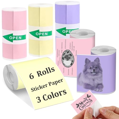 Mini Printer Paper roll (Colorful Stickers) 6 Rollen Buntes Thermodruckerpapier, Schwarze Zeichen Auf Gelbem/lila/rosa Farbigem Druckerpapier, Selbstklebendes Thermopapier, 56 Mm X 3,5 M von QpenguinBabies