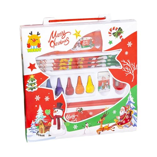 Schreibwaren-Set für Schüler, Weihnachtsstrumpffüller, Weihnachten, Stifteetui, Holz, Bleistift, Buntstift, Radiergummi, Spitzer, Lineal, 8-teilig von Qsvbeeqj