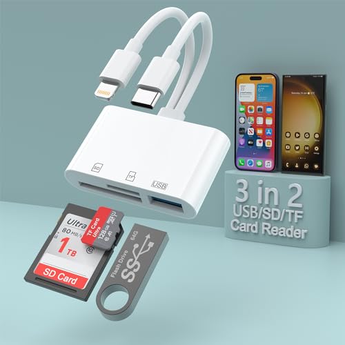 3 in 2 Speicher SD Kartenleser für iPhone iPad,Lightning+USB C Anschluss auf SD TF USB Adapter Speicher Micro SDXC,Micro SDHC,SDXC,SDHC,SD Karten,USB Disk,Kamera,Maus für iPhone15/iPad/MacBook/Samsung von Quanlex